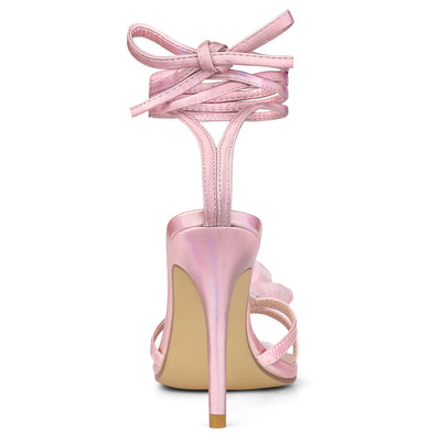 Women's Flower Rhinestone Open Toe Lace Up Stiletto Heels Sandals