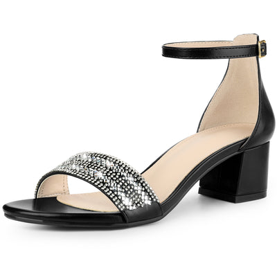 Women's Sparkly Rhinestone Ankle Strap Chunky Heel Sandals