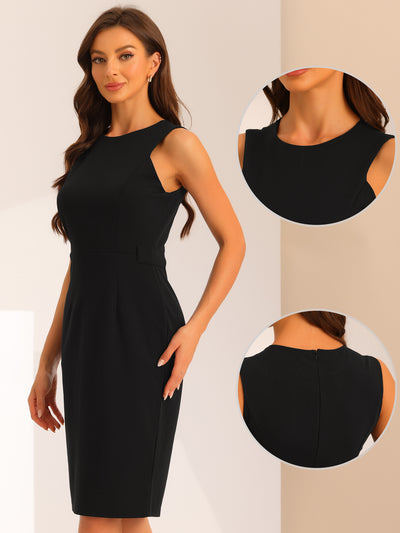 Belted Sheath Dress for Women's Round Neck Sleeveless Casual Office Dresses