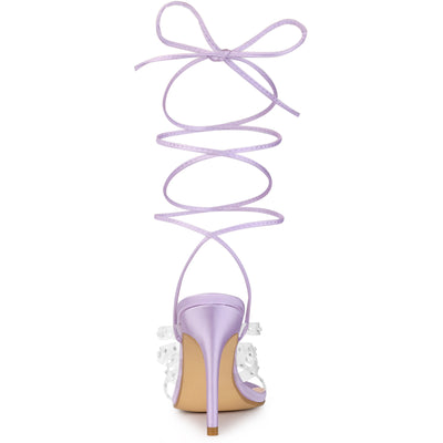 Women's Satin Rhinestone Clear Strap Strappy Lace Up Stiletto Heel Sandals