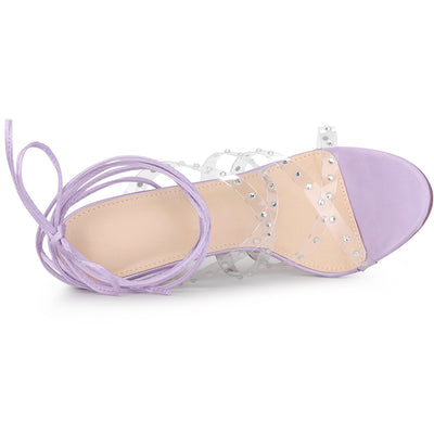 Women's Satin Rhinestone Clear Strap Strappy Lace Up Stiletto Heel Sandals