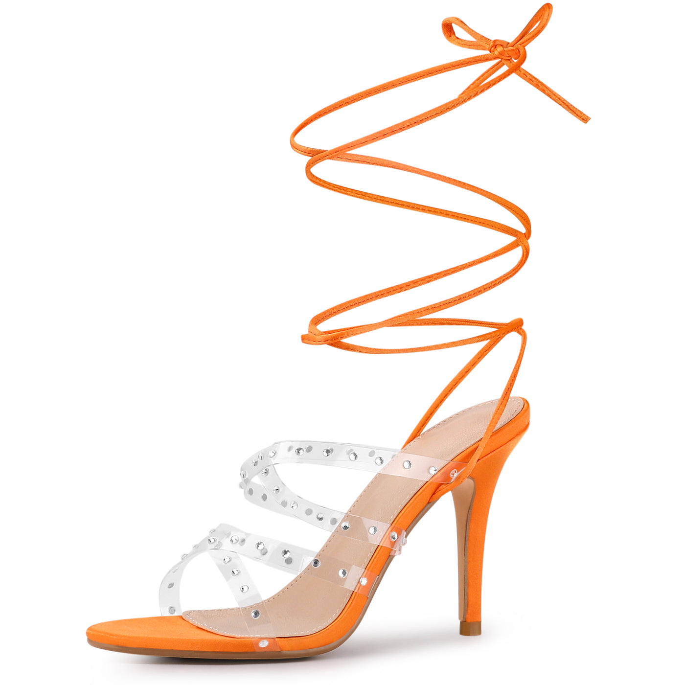Allegra K Women's Satin Rhinestone Clear Strap Strappy Lace Up Stiletto Heel Sandals