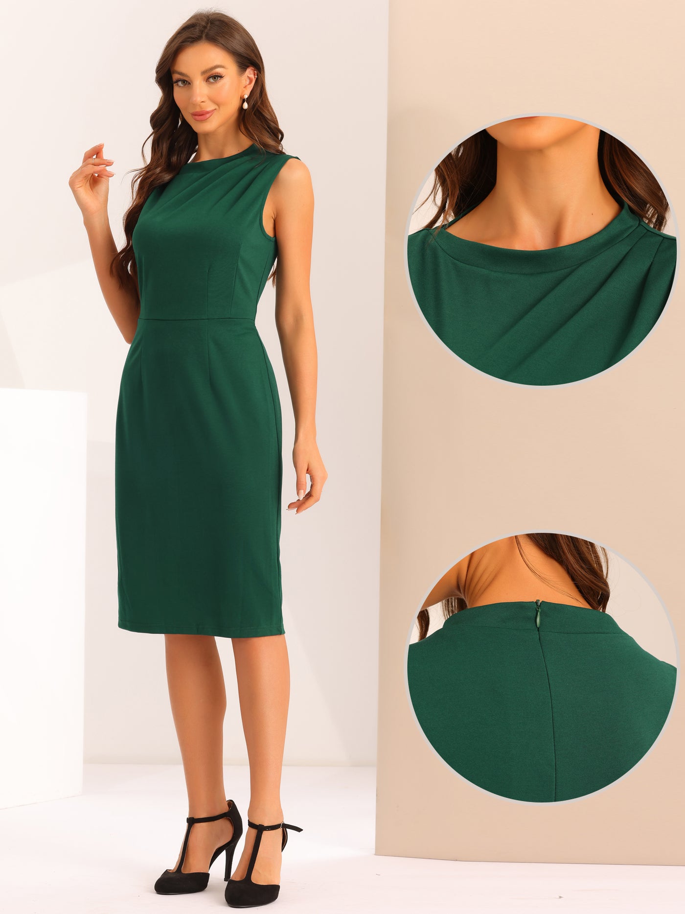 Allegra K Business Casual Dress for Women's Stand Collar Sleeveless Knee Length Sheath Dress