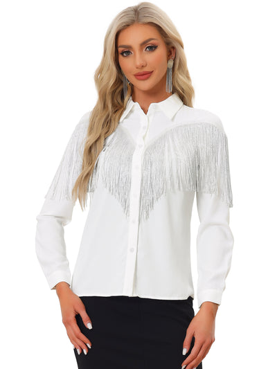 Fringe Long Sleeve Button Down Disco Party Blouse