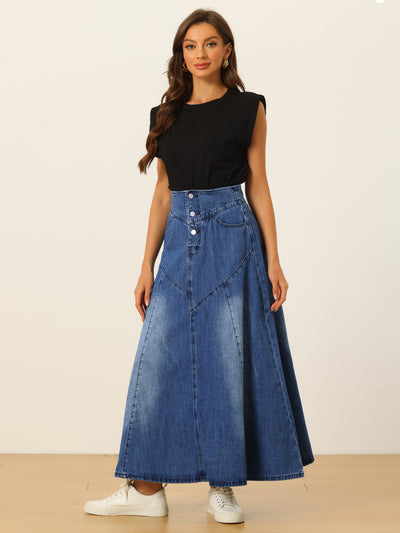 Casual Denim Skirt for Women's High Waisted A-Line Flared Maxi Skirts