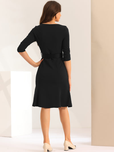 Work Office Dress for Women's Square Neck Knee Length Belted Dress
