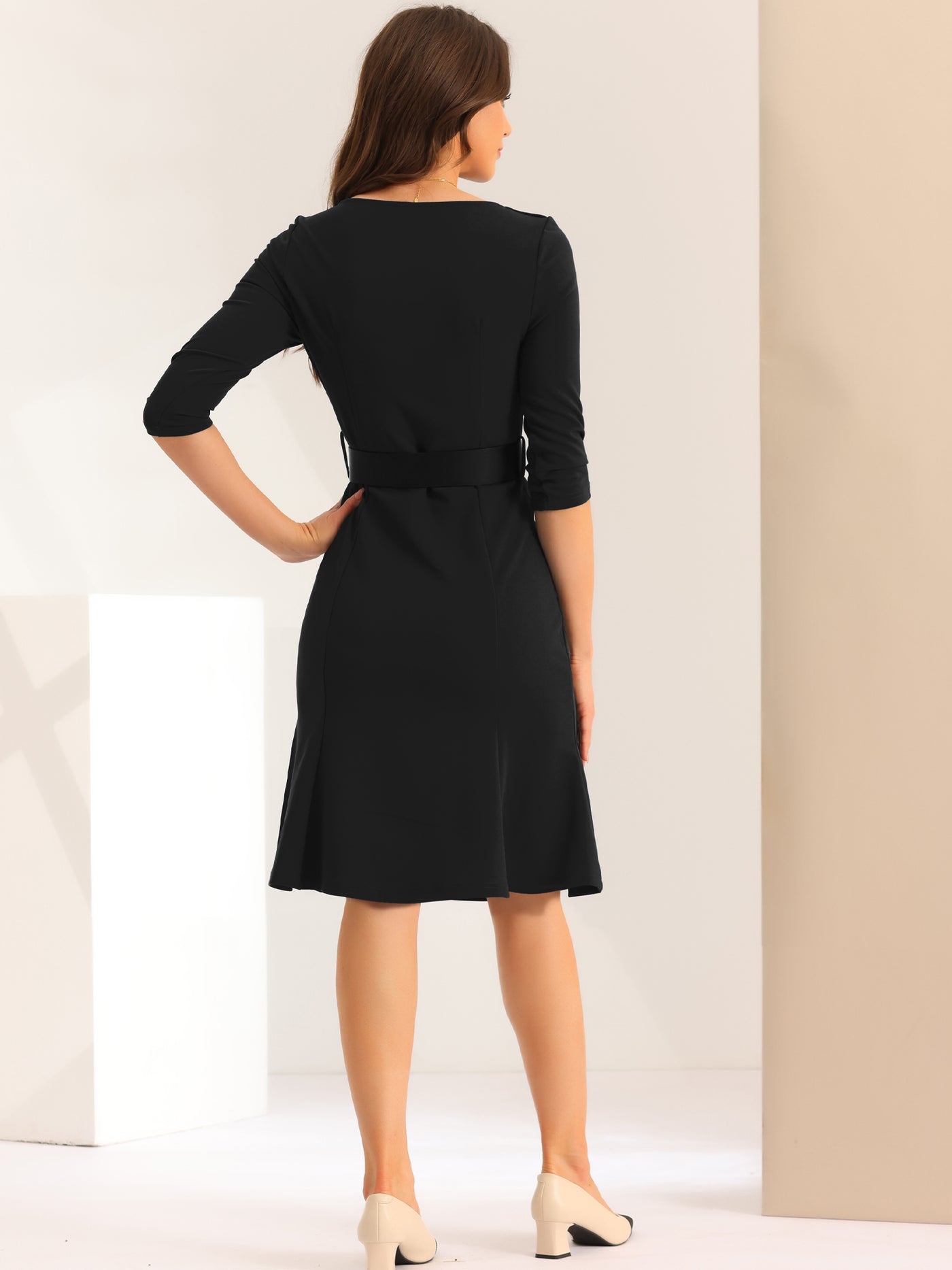 Allegra K Work Office Dress for Women's Square Neck Knee Length Belted Dress