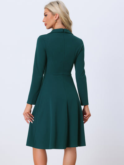 Elegant Office Square Neck Long Sleeve Pleated A-line Dress