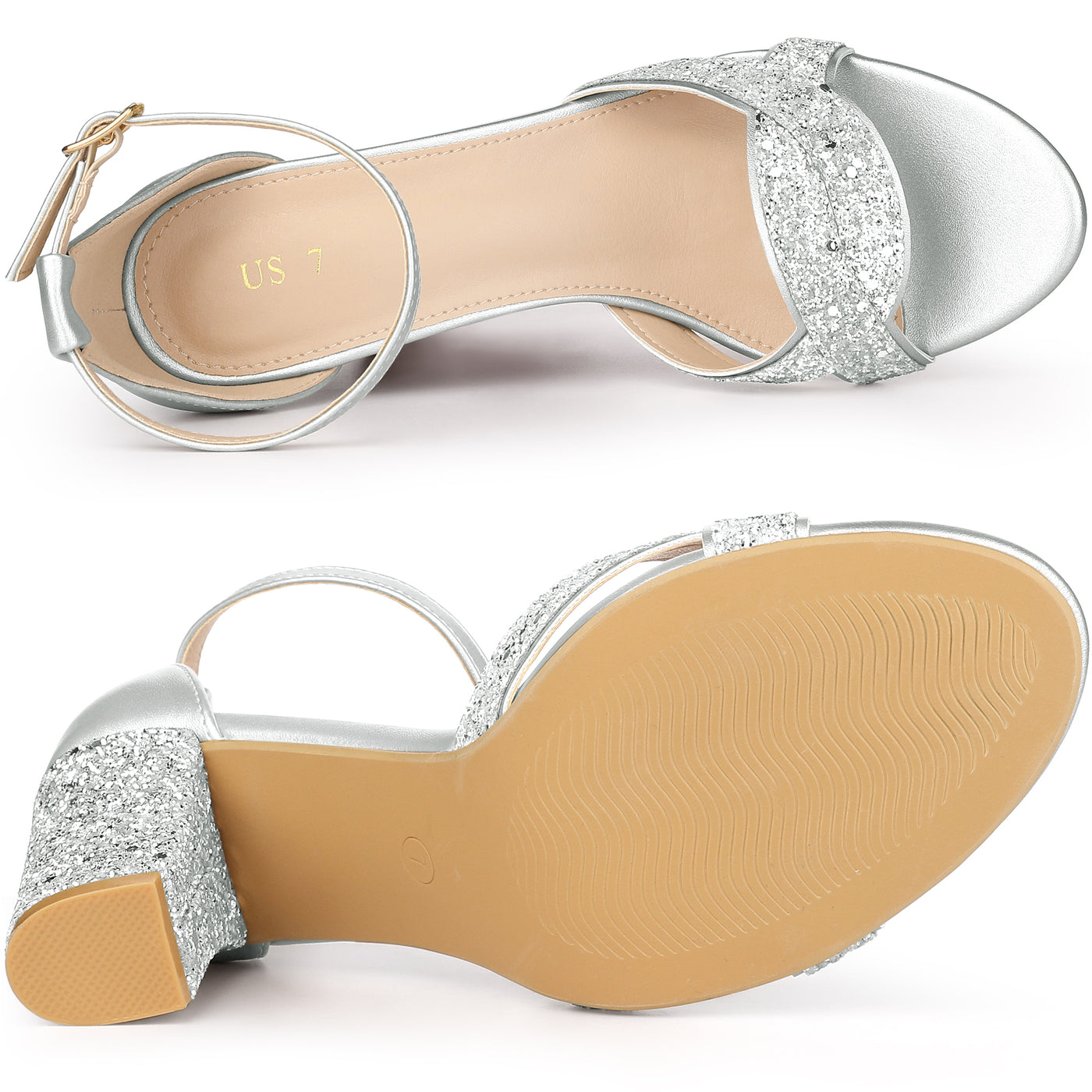 Allegra K Women's Bling Glitter Ankle Strap High Chunky Heel Sandals
