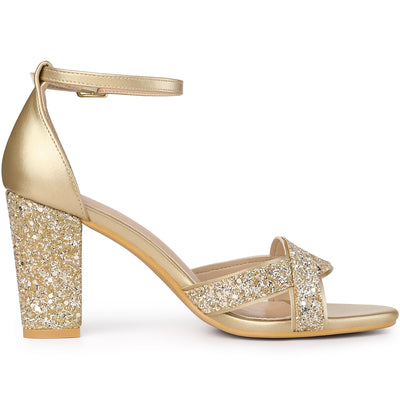 Women's Bling Glitter Ankle Strap High Chunky Heel Sandals