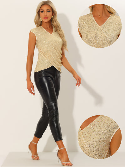 Sparkle Glitter V Neck Cap Sleeve Sequin Party Club Blouse Tops