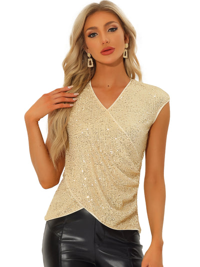 Sparkle Glitter V Neck Cap Sleeve Sequin Party Club Blouse Tops