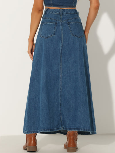 Casual High Waisted Flap Pocket A-Line Long Denim Jean Skirt