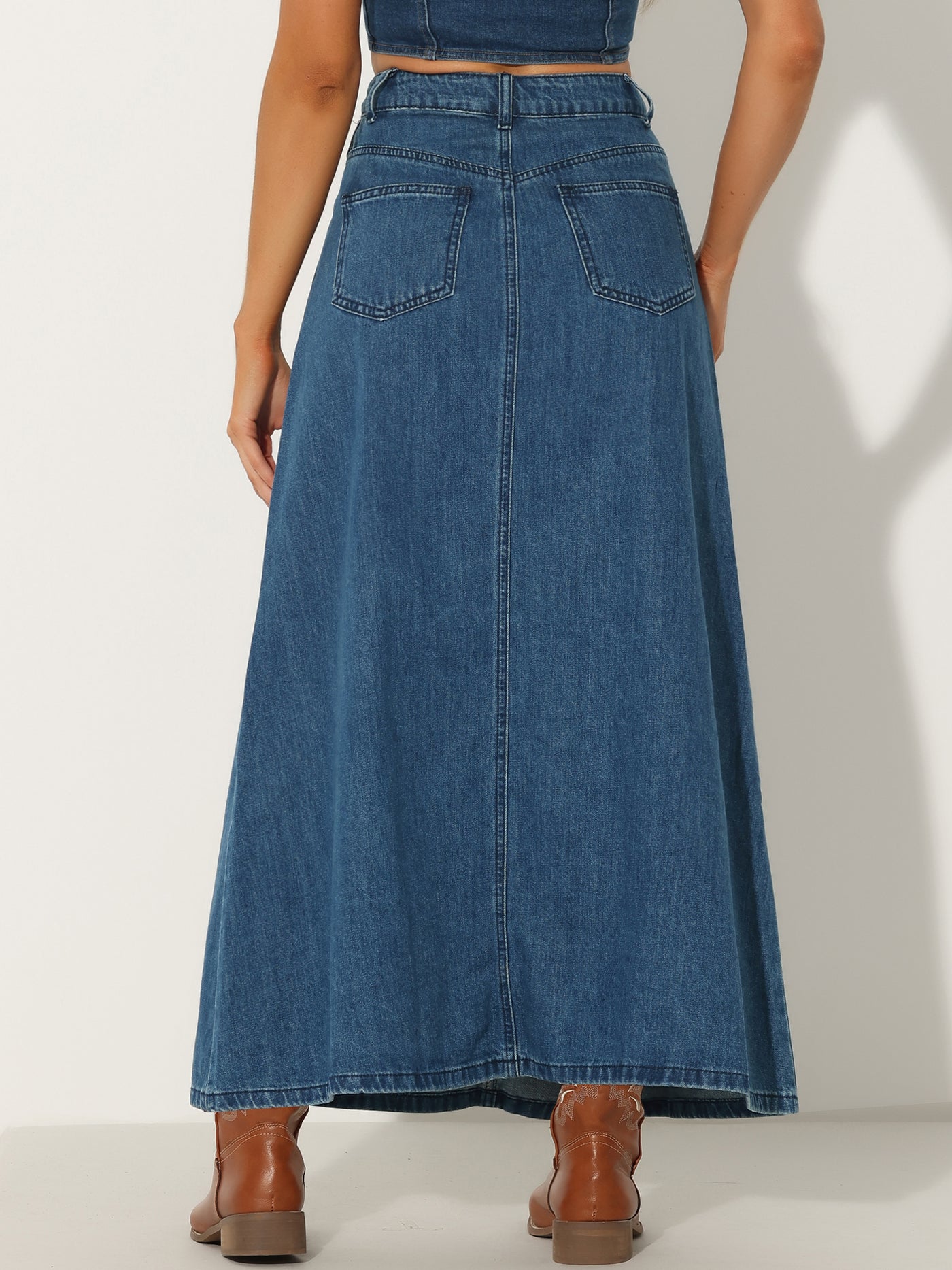 Allegra K Casual High Waisted Flap Pocket A-Line Long Denim Jean Skirt