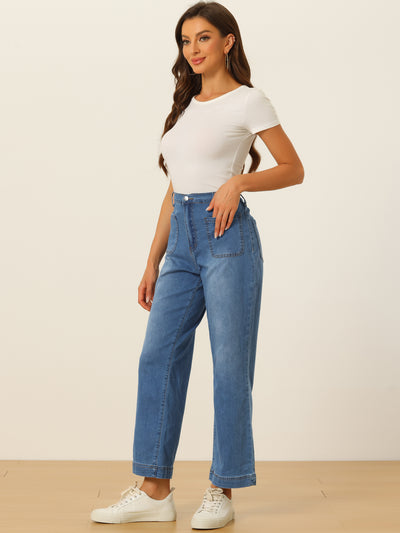 Allegra K High Waisted Stretchy Straight Wide Leg Buttoned Loose Denim Pants Jeans