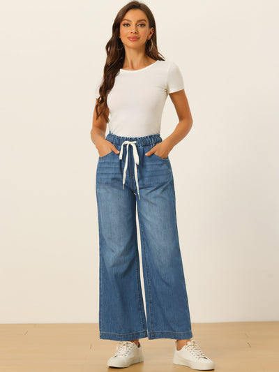 Casual Denim Pants for Women's Drawstring Elastic Waist Wide Legs Jeans
