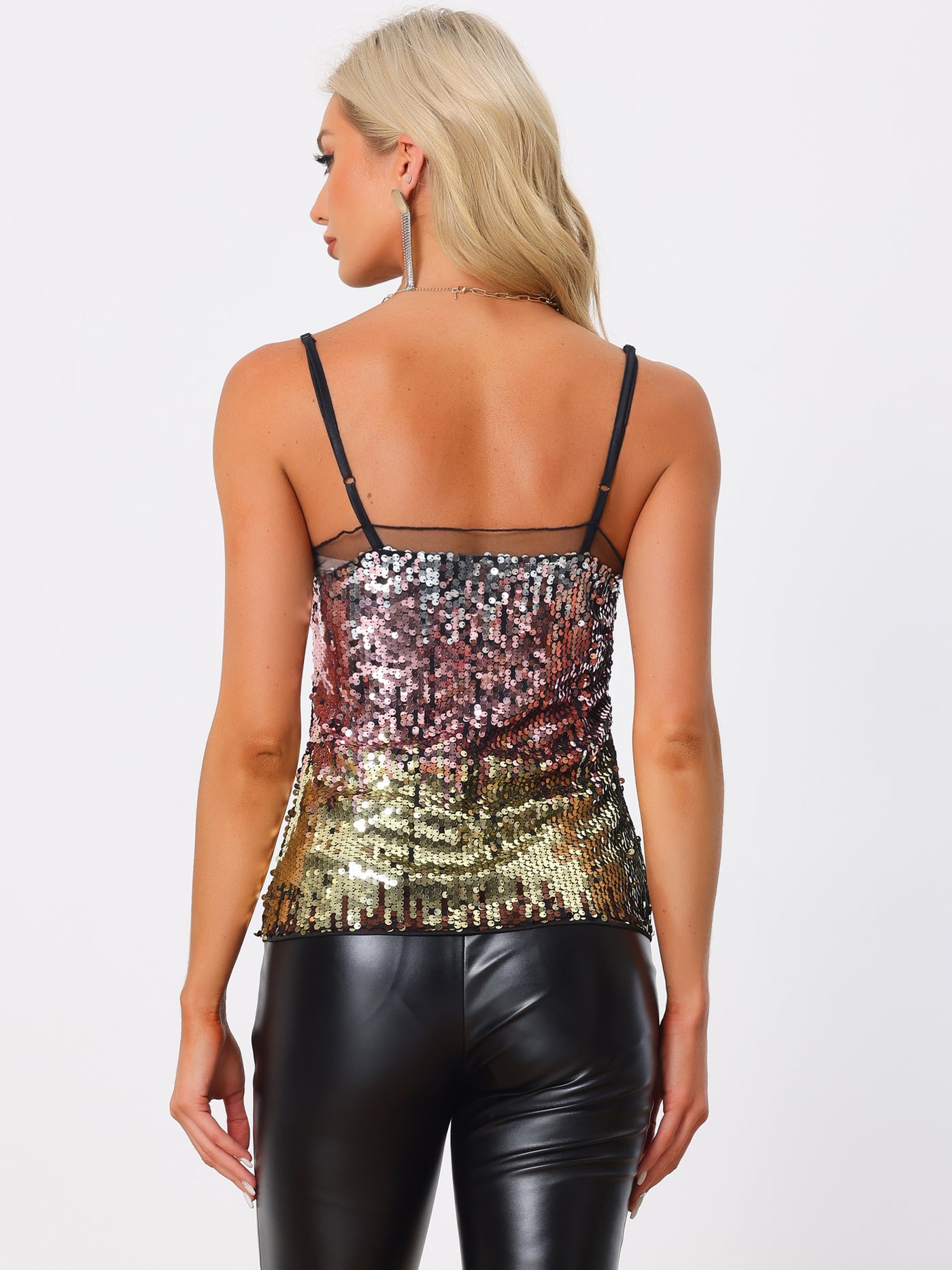 Allegra K Sequin Sparkle Camisole Mesh Panel Sleeveless Party Club Cami Top