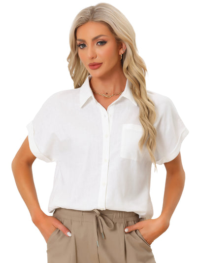 Button Down Shirts for Women's Summer Casual Short Sleeve Cotton Linen Work Blouse Top