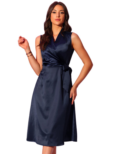 Satin Bodycon Dress for Women's Summer 2023 Tie Waist V Neck Sleeveless Midi Dresses