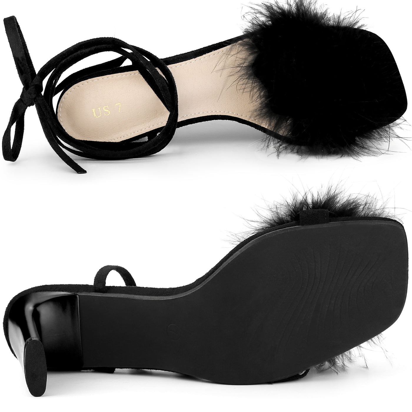 Allegra K Women's Faux Fur Slingback Block Heels Lace Up Sandals