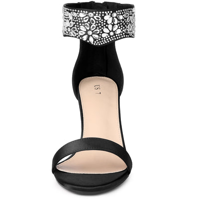 Women's Rhinestone Diamond Decor Crystal Ankle Strap Chunky Heel Sandals