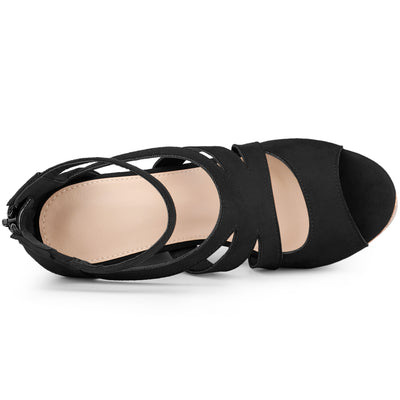 Women's Platform Peep Toe Strappy Back Zip Wedge Heel Sandal