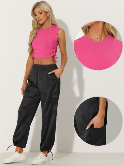 Casual 2pc Outfits Sleeveless Tank Top Satin Cargo Pants Tracksuit