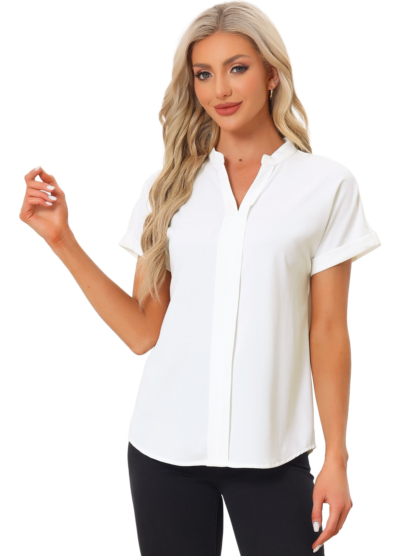 Allegra K Chiffon Blouse for Women's V Neck Short Sleeve Casual Peasant Top