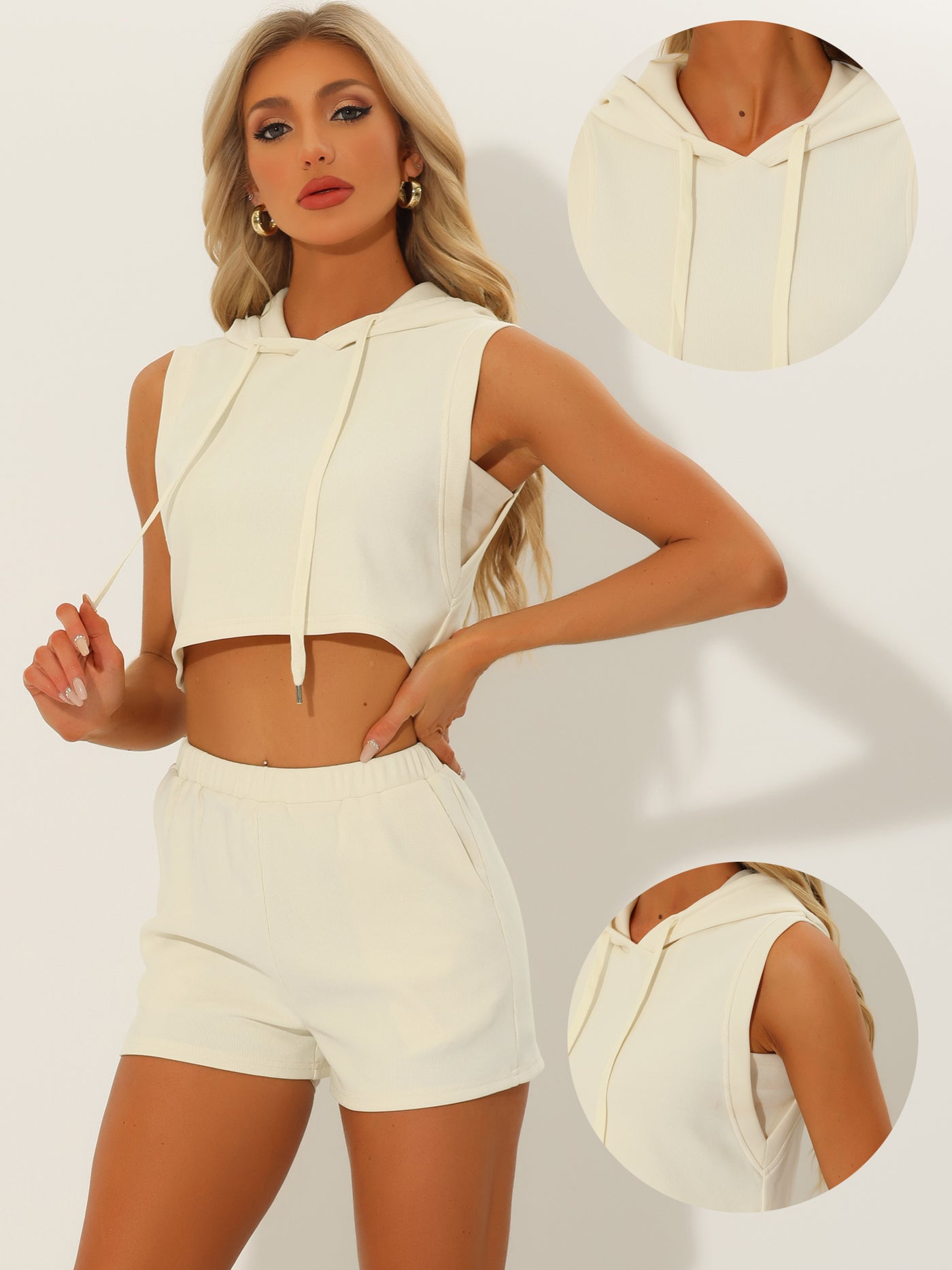 Allegra K 2 Pieces Outfits Hoodie Sleeveless Cropped Top High Waisted Shorts Tracksuit Sets