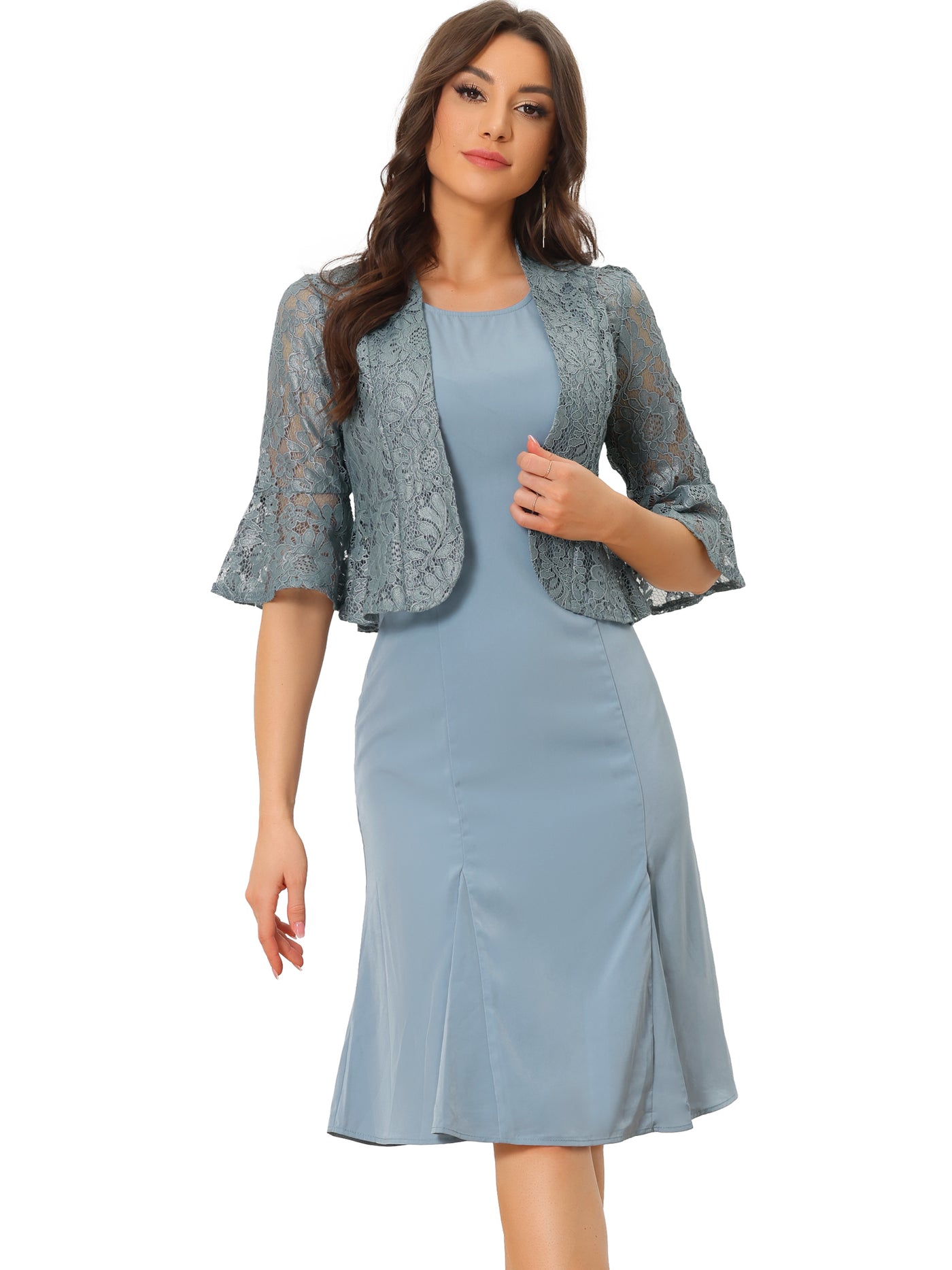 Allegra K 2 Pieces 3/4 Bell Sleeve Lace Cropped Shrug and Sleeveless Midi Fishtail Party Dress Sets