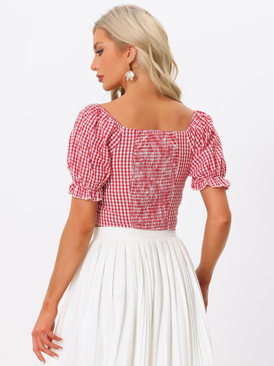 Gingham Bubble Sleeve Smocked Cropped Casual Blouse