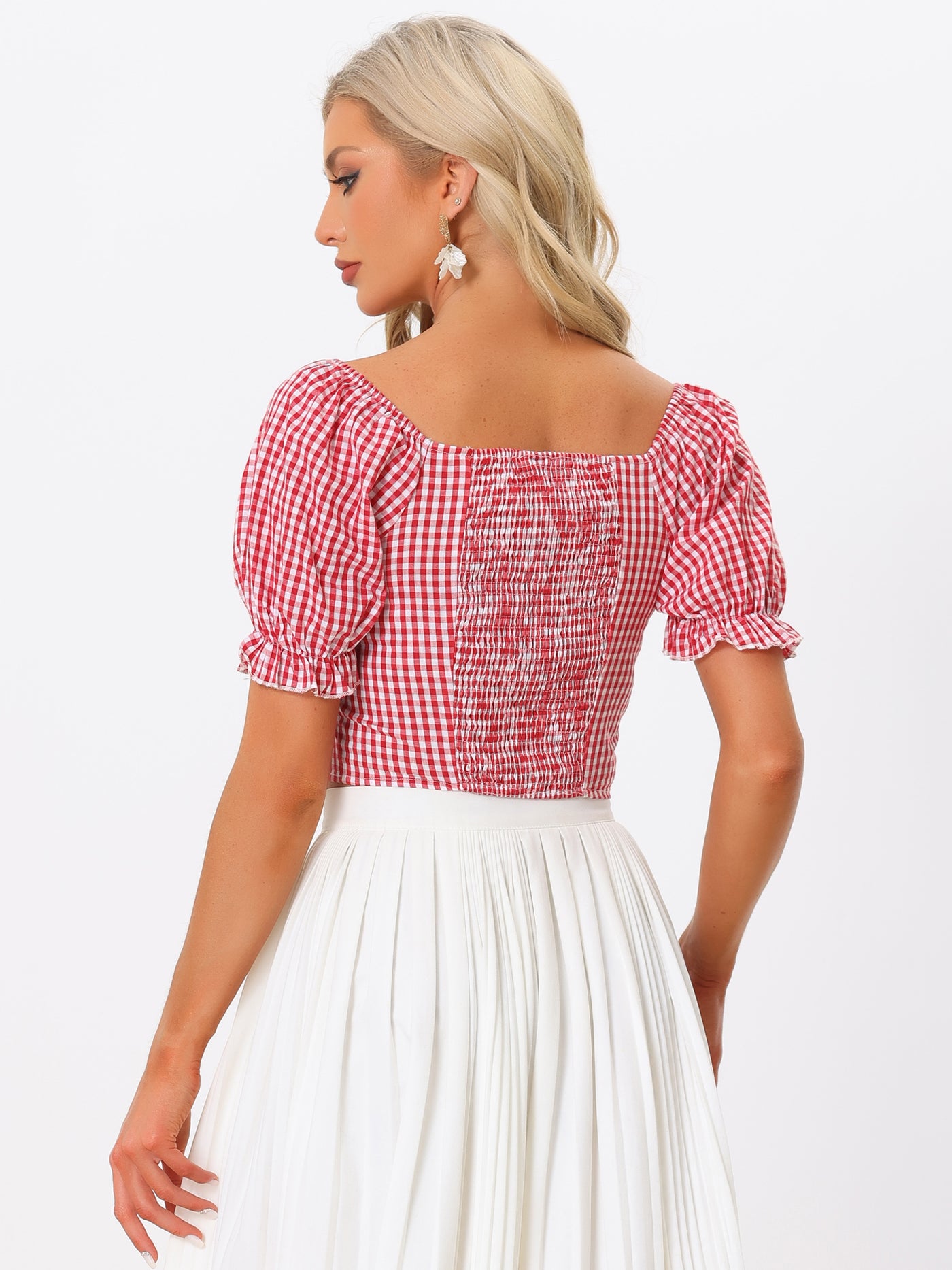 Allegra K Gingham Bubble Sleeve Smocked Cropped Casual Blouse