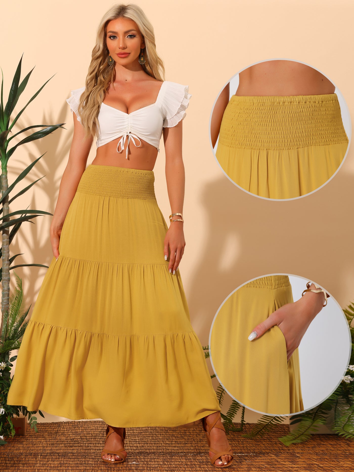 Allegra K Summer Maxi Skirt for Women's Casual Elastic High Waist Tiered Boho Long Skirts