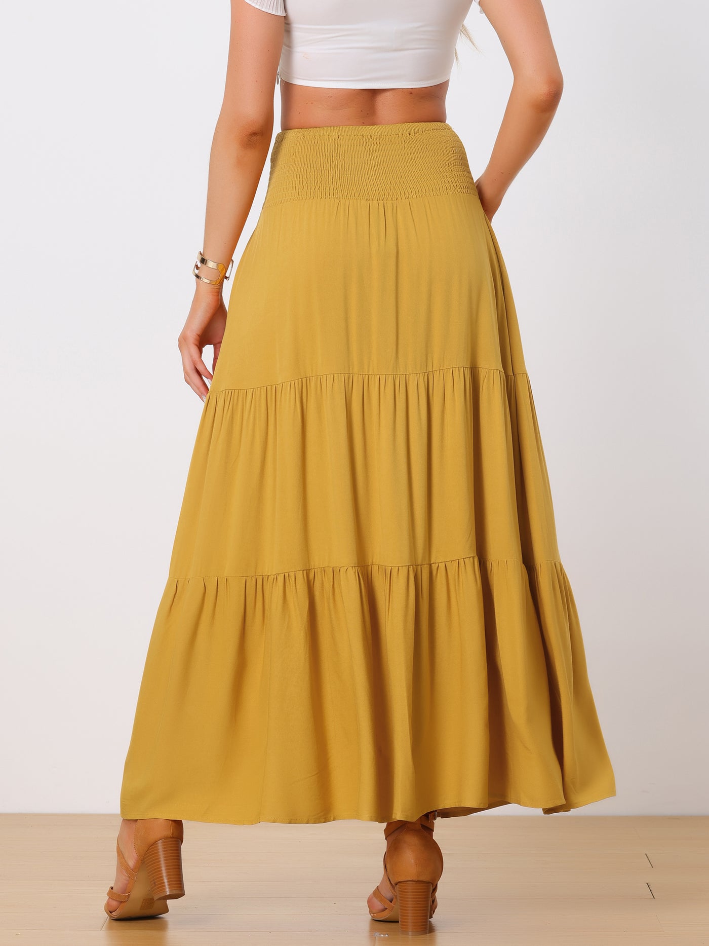 Allegra K Summer Maxi Skirt for Women's Casual Elastic High Waist Tiered Boho Long Skirts