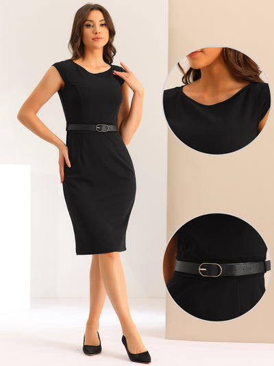 Elegant Dress for Women's Cap Sleeve Office Work Belted Sheath Dress