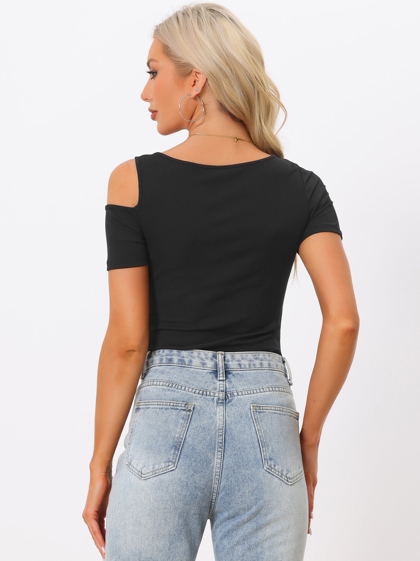 Allegra K Sexy Cut Out Short Sleeve Cold Shoulder Top Bodysuits