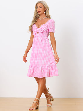 Gingham Dress for Women's Tie Knot Cut-Out Sweetheart Neck Dress