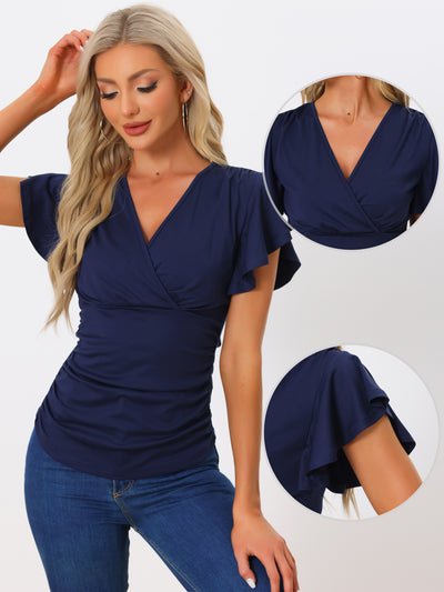 Faux Wrap Blouse for Women's Summer V Neck Ruffle Sleeve Casual Top Blouse