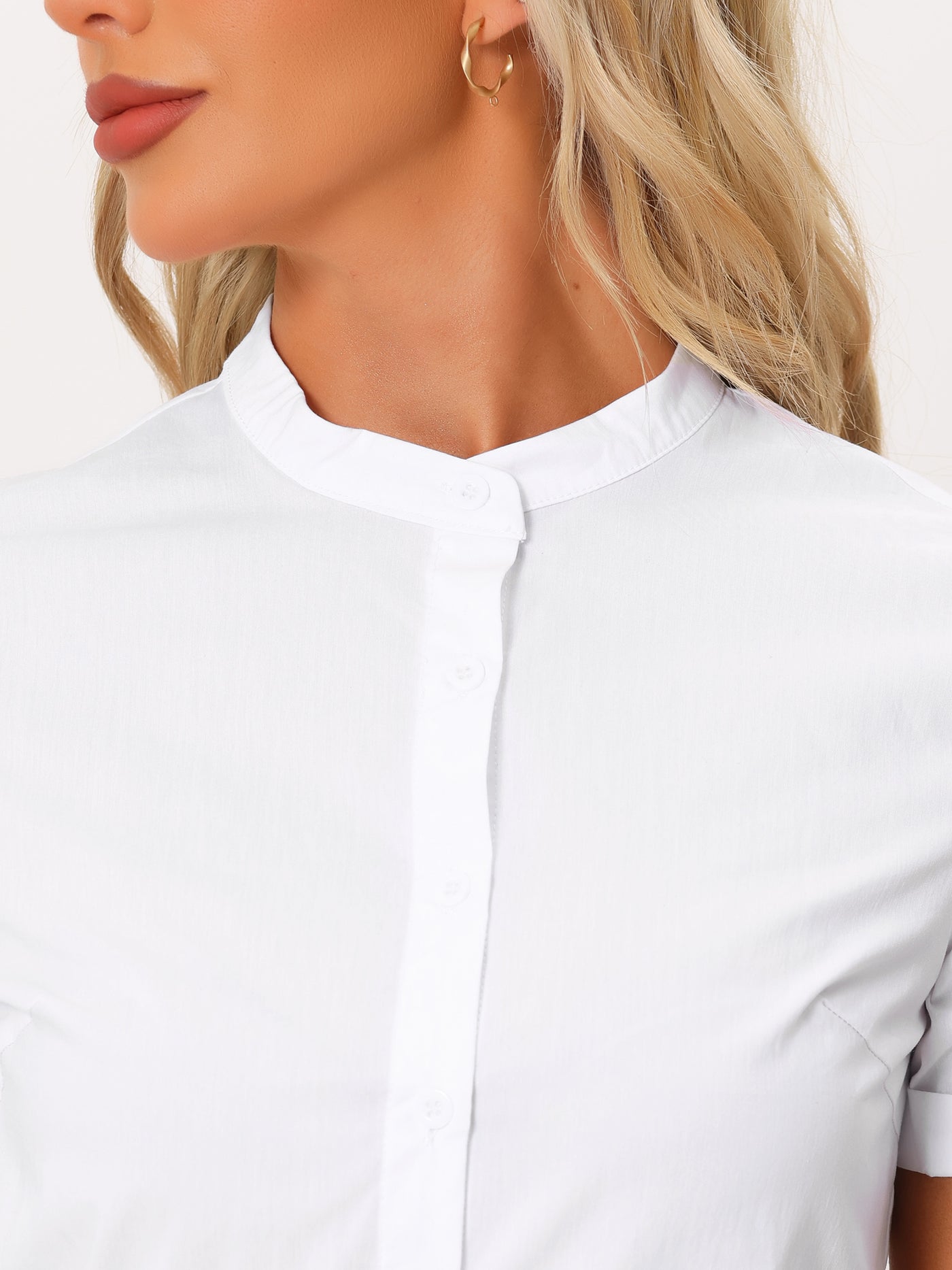 Allegra K Button Down Stand Collar Short Sleeve Office Work Shirt Bodysuits