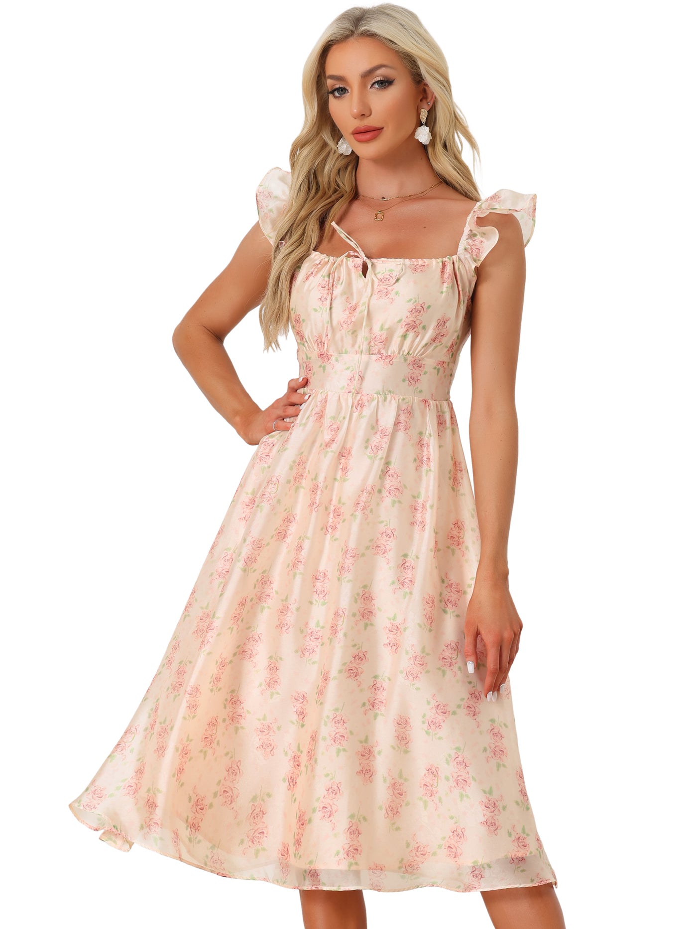 Allegra K Floral Ruffle Smocked Shirred Back Sleeveless Square Neck Midi Dress Sundress