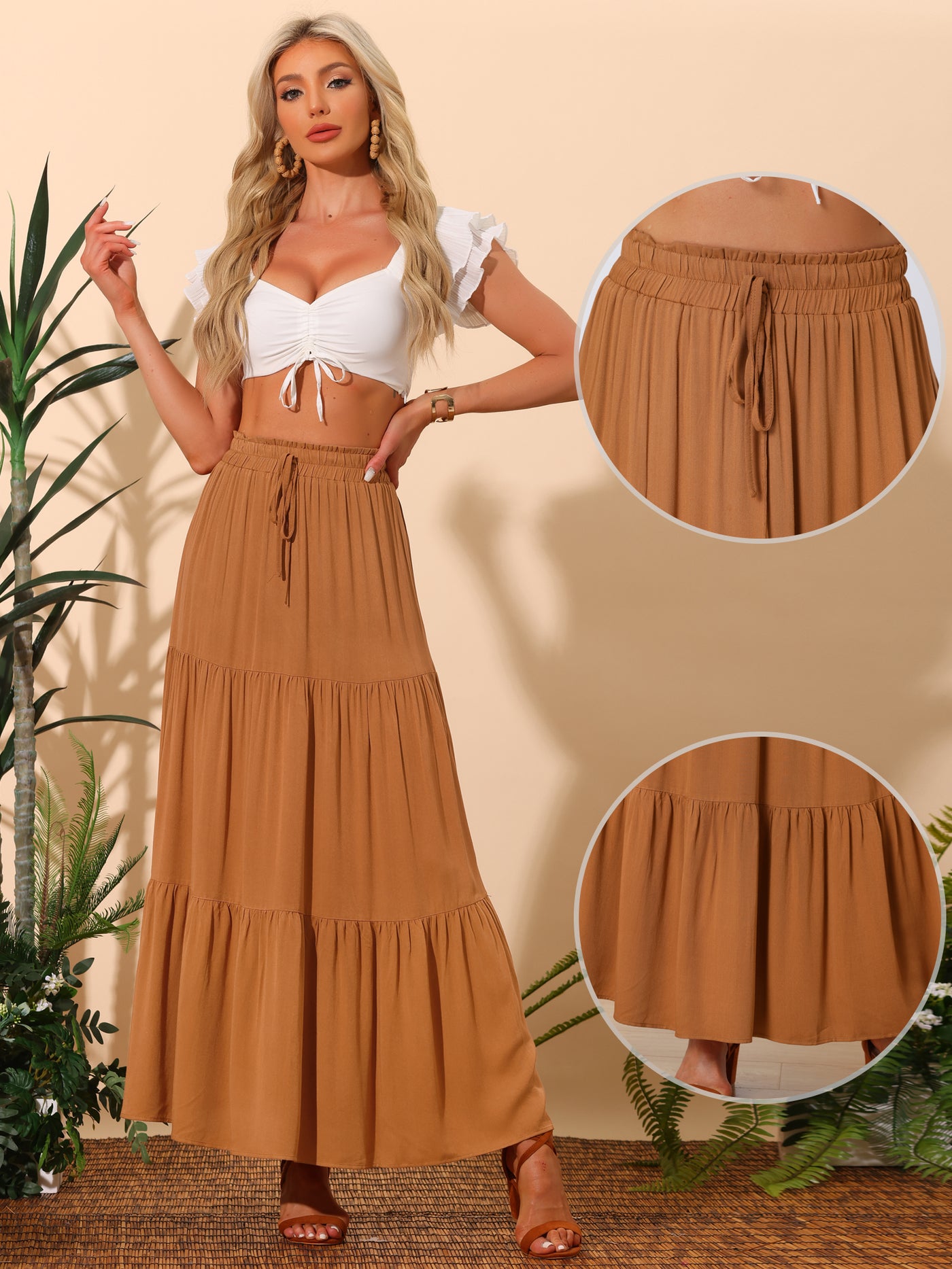 Allegra K Summer Maxi Skirt for Women's Elastic Waist Flowy Casual Boho Long Skirts