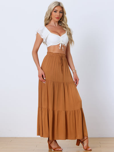 Summer Maxi Skirt for Women's Elastic Waist Flowy Casual Boho Long Skirts