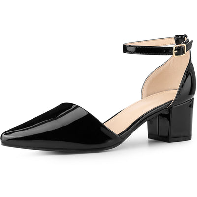 Women's Closed Pointed Toe Ankle Strap Low Chunky Heels Pumps