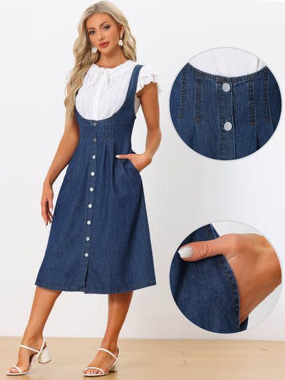 Suspender Dress for Women's Button Front Classic U Neck Overall Denim Midi Dress with Pockets