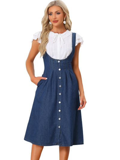 Suspender Dress for Women's Button Front Classic U Neck Overall Denim Midi Dress with Pockets