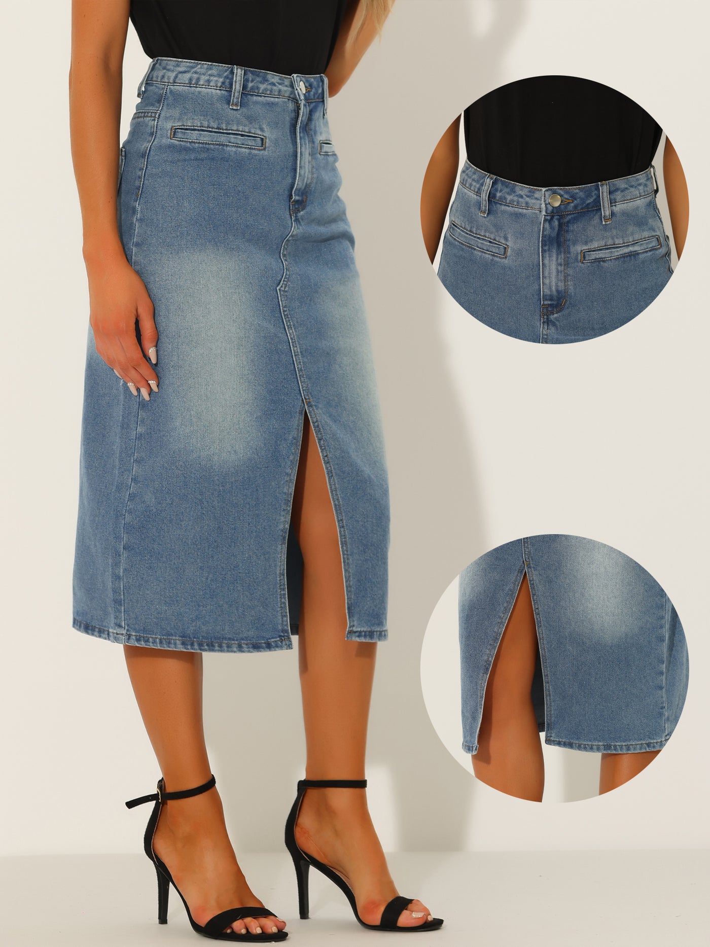 Allegra K Midi Denim Skirt for Women's High Waist Slit Front with Pockets Jean Skirts
