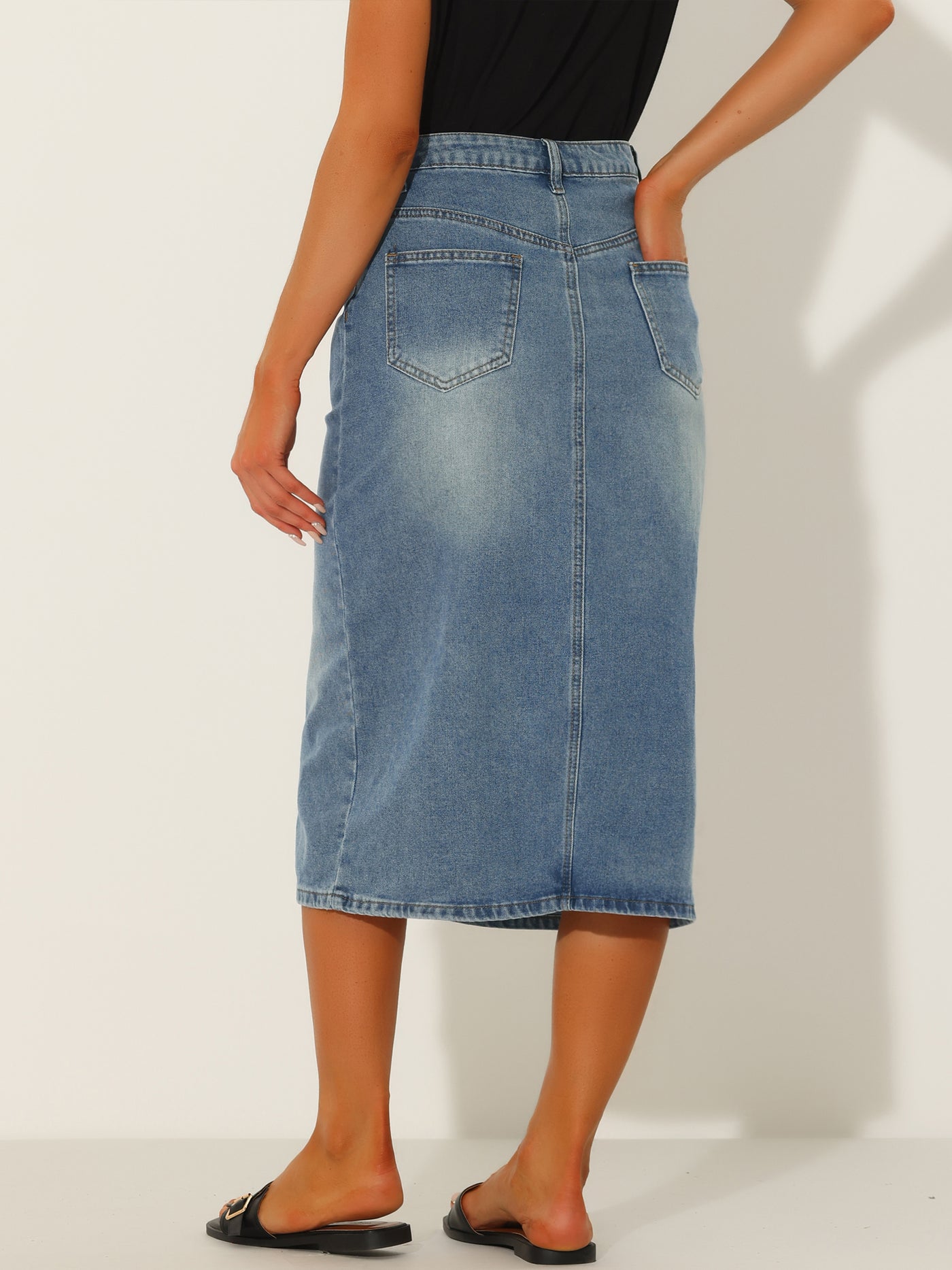 Allegra K Midi Denim Skirt for Women's High Waist Slit Front with Pockets Jean Skirts