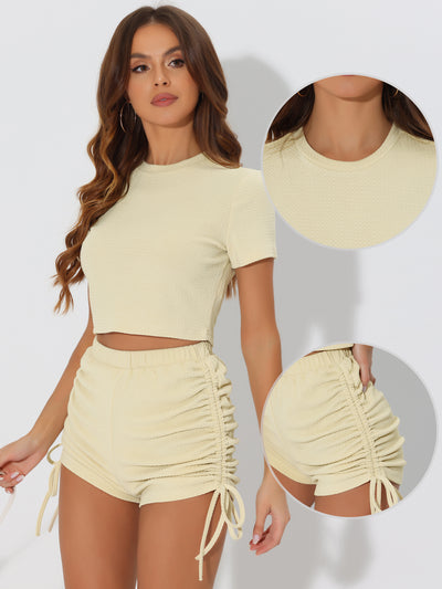 Summer Tracksuits 2 Piece Outfits for Women's Textured Short Sleeve Top with High Waisted Drawstring Shorts Sets