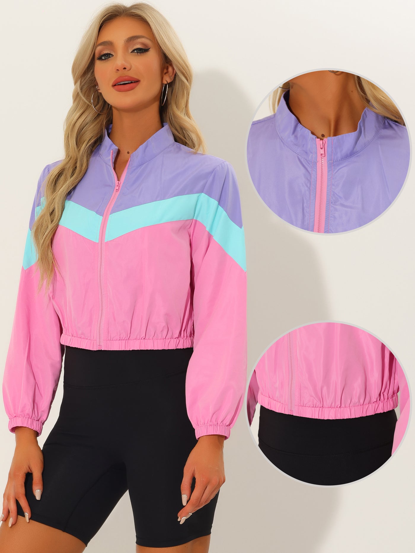 Allegra K Stand Collar Zip Up Long Sleeve Sportive Crop Color Block Jacket