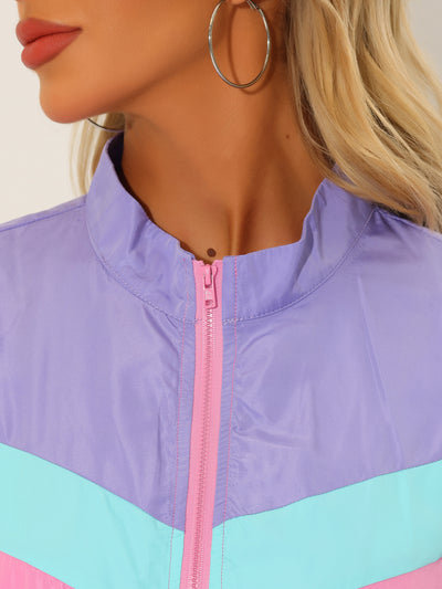 Stand Collar Zip Up Long Sleeve Sportive Crop Color Block Jacket
